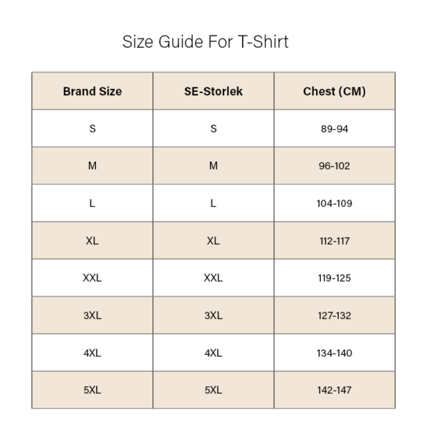 Size Guide for heavy cotton T-shirt.