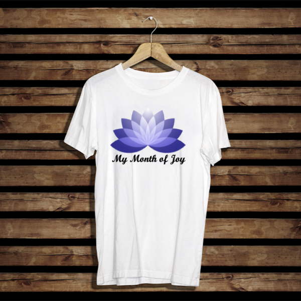 Heavy Cotton T-shirt. Regular fit. Flora flower and Text "My month of Joy". T-shirt colour white. Flora Colour Blue. Text colour. Black