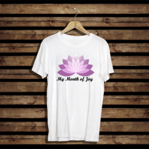 Heavy Cotton T-shirt. Regular fit. Flora flower and Text "My month of Joy". T-shirt colour white. Flora Colour purple. Text colour. Black