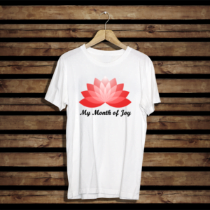 Heavy Cotton T-shirt. Regular fit. Flora flower and Text "My month of Joy". T-shirt colour white. Flora Colour Blue. Text colour. Black