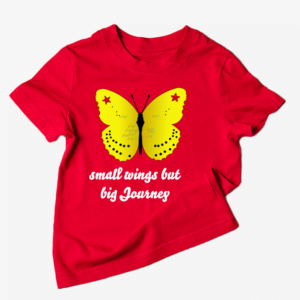 Red Cotton T-shirt with big Yellow butterfly and text as "Small wings but big Journey". Adult Tee