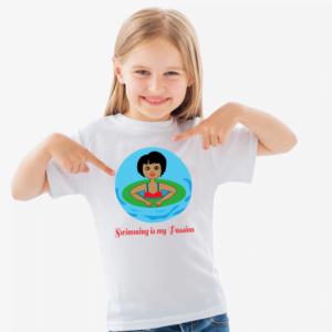 Children T-shirt 100% Cotton. A girl swimming in a pool and a text swimming is my passion.