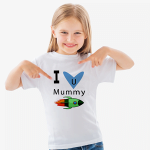 children t-shirt 100% cotton with graphics I love you mummy. A rocket, a heart and text. Heart colour Blue