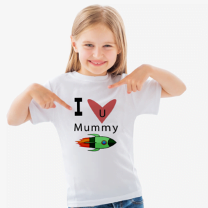 children t-shirt 100% cotton with graphics I love you mummy. A rocket, a heart and text. Heart colour Red