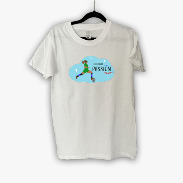 T-shirt for football lovers. Graphics with word Football is my passion behind. In front graphic consisting of cloud, a female football player and with the same graphic as behind.