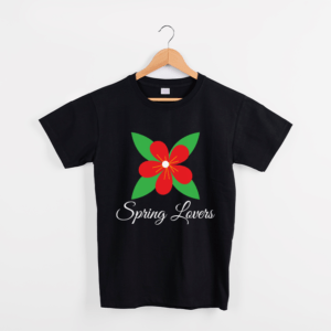 Black Cotton T-shirt. Adult wear. with a big flower in green and red. Depicting the Spring Time.