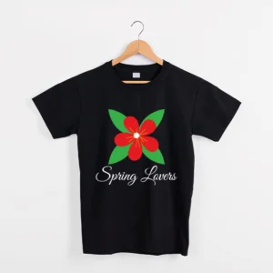 Black Cotton T-shirt. Adult wear. with a big flower in green and red. Depicting the Spring Time.