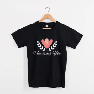 Black Cotton T-shirt with text "Amazing you" with simple flowers in light pink and black. 100% Cotton. Regular fit