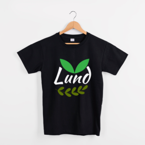 100% cotton t-shirt with Lund as text. Adult, black and simple green flowers