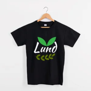 100% cotton t-shirt with Lund as text. Adult, black and simple green flowers