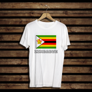 100% cotton t-shirt with Zimbabwe Flag and the word Zimbabwe as Text. Colour of t-shirt: white