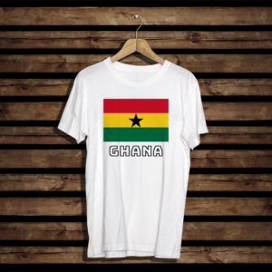 100% cotton t-shirt with Ghana Flag and the word Ghana as Text. Colour of t-shirt: white