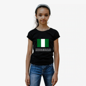 100% cotton t-shirt with Nigeria Flag and the word Nigeria as Text. Kids T-shirt. Colour of t-shirt: black