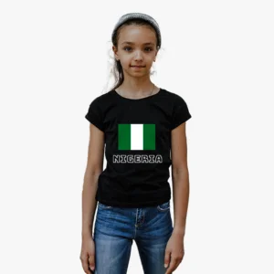 100% cotton t-shirt with Nigeria Flag and the word Nigeria as Text. Kids T-shirt. Colour of t-shirt: black