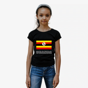 100% cotton t-shirt with Uganda Flag and the word Uganda as Text. Kids T-shirt. Colour of t-shirt: black