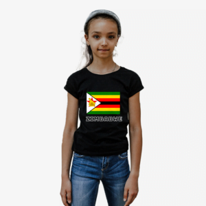 100% cotton t-shirt with Zimbabwe Flag and the word Zimbabwe as Text. Colour of t-shirt: black