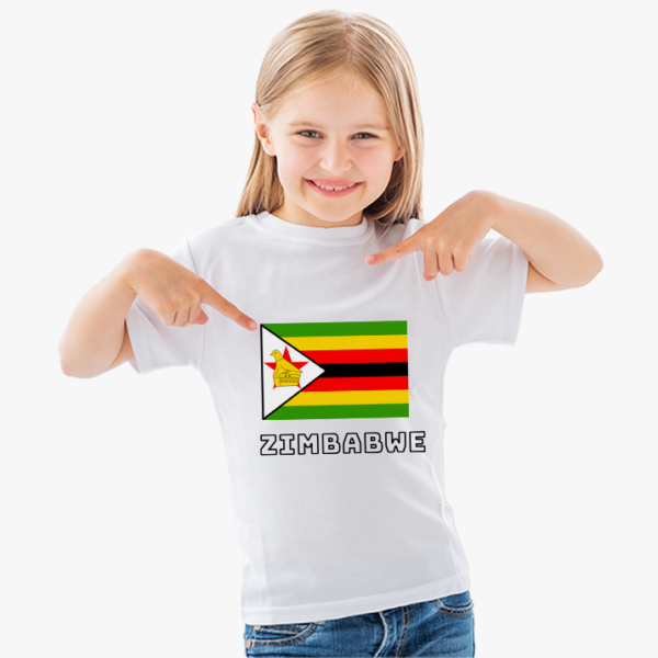 100% cotton t-shirt with Zimbabwe Flag and the word . Kids t-shirts. Zimbabwe as Text. Colour of t-shirt: white